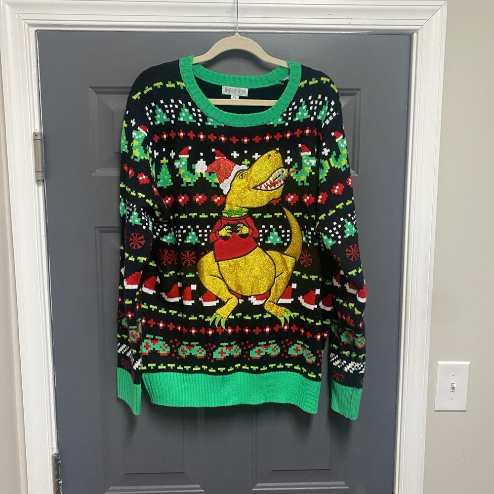 Holiday Hype" T-Rex sparkling dinosaur ugly Christmas sweater. Size XL